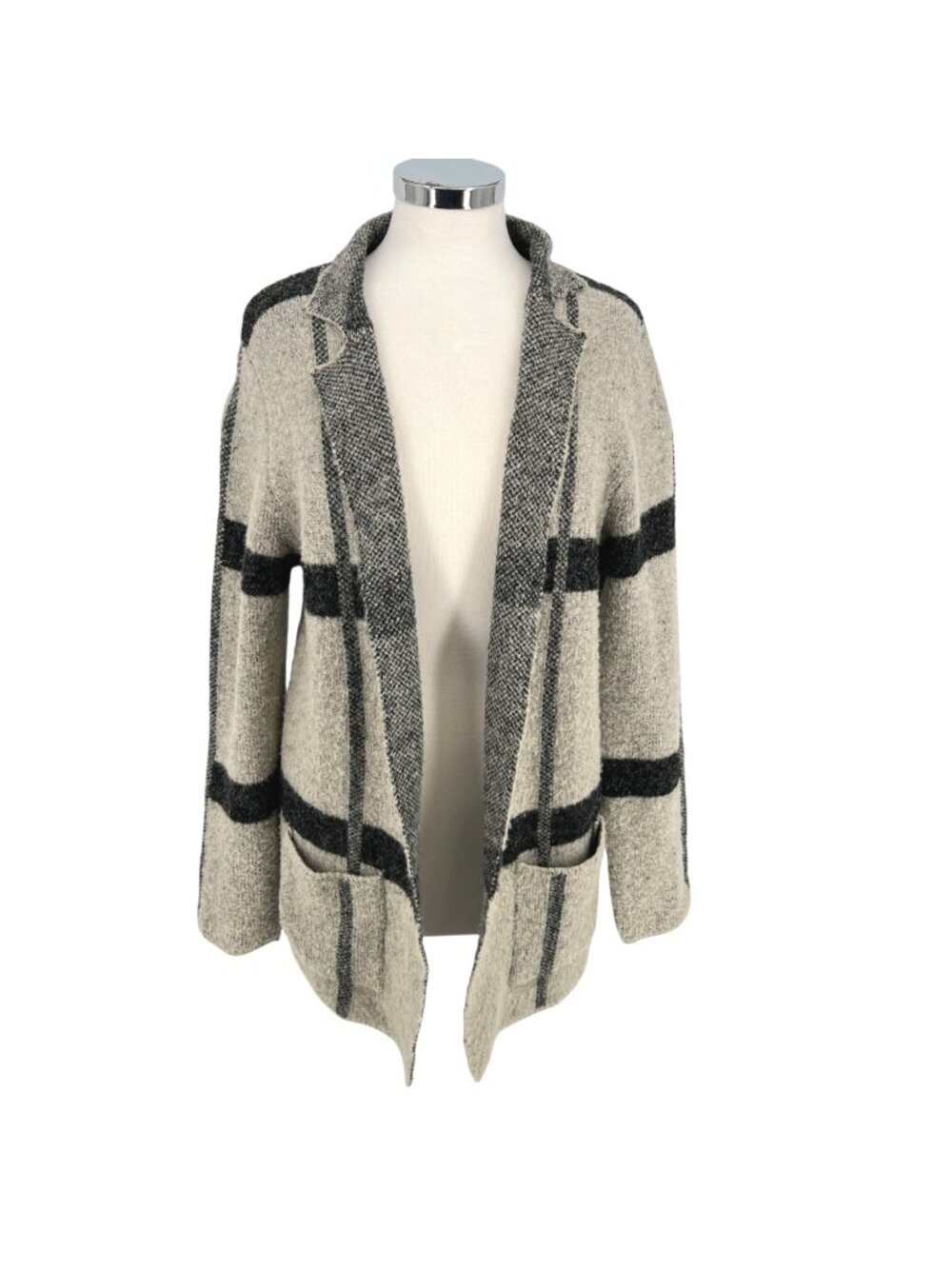 Joseph A Windowpane Plaid Cardigan Sweater Beige Black Size Medium